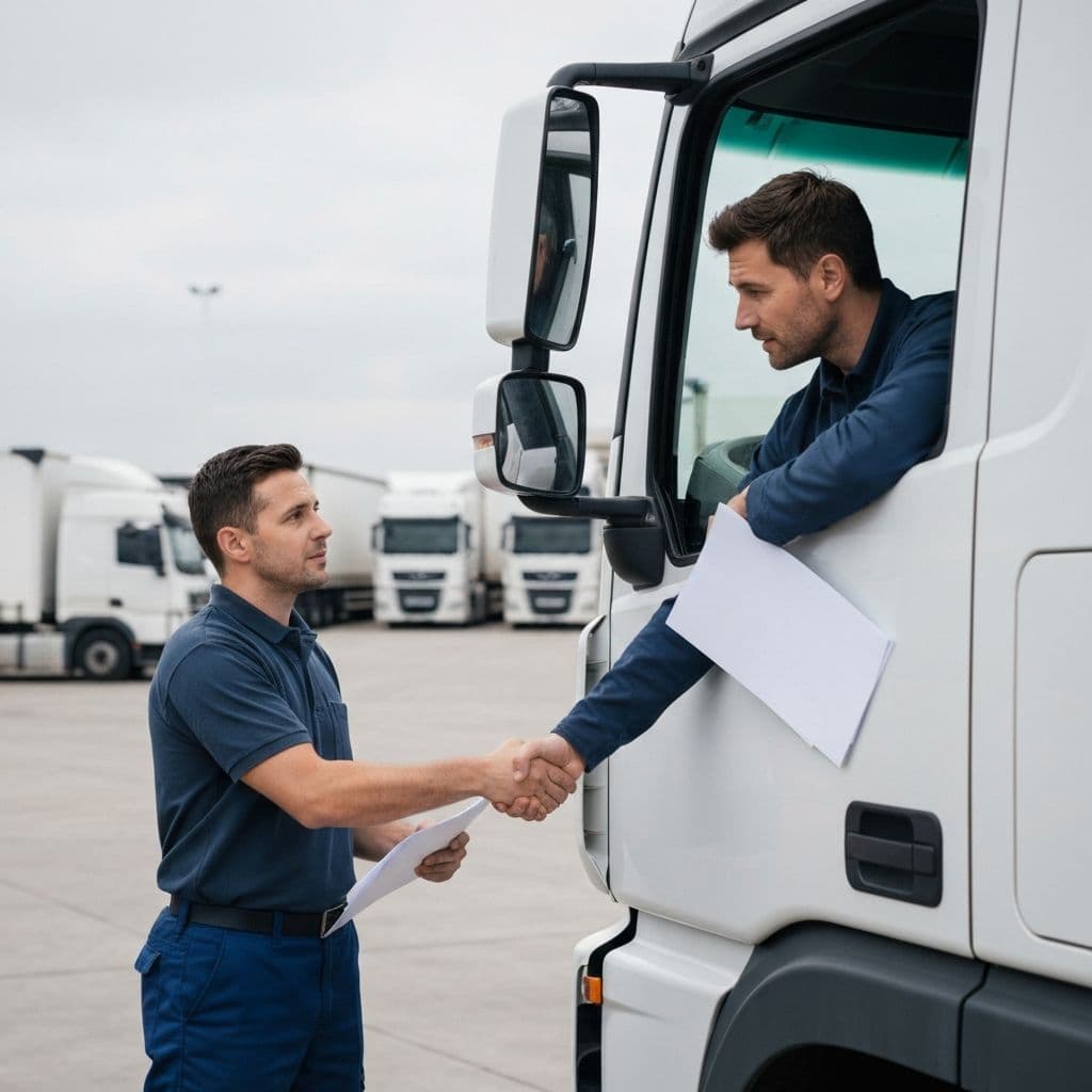 Truck driver shaking hands with fleet manager at a European logistics yard